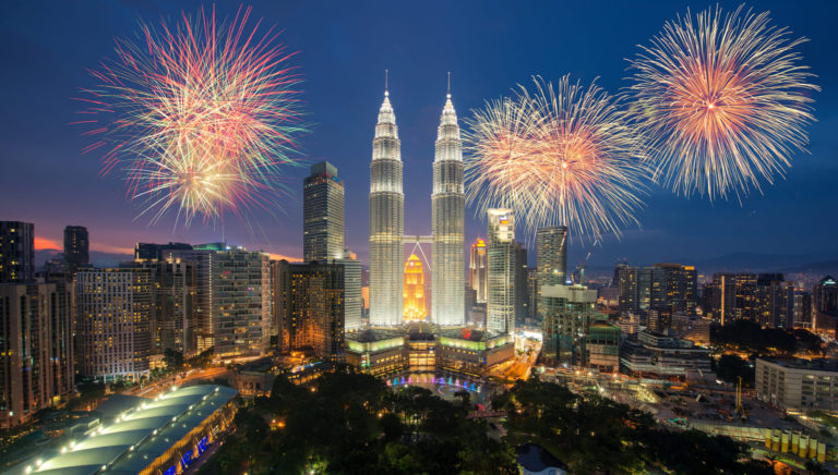 Kuala lumpur skyline with Fireworks celebration Hari Merdeka Day or Malaysia Independence Day in Kuala lumpur, Malaysia.
